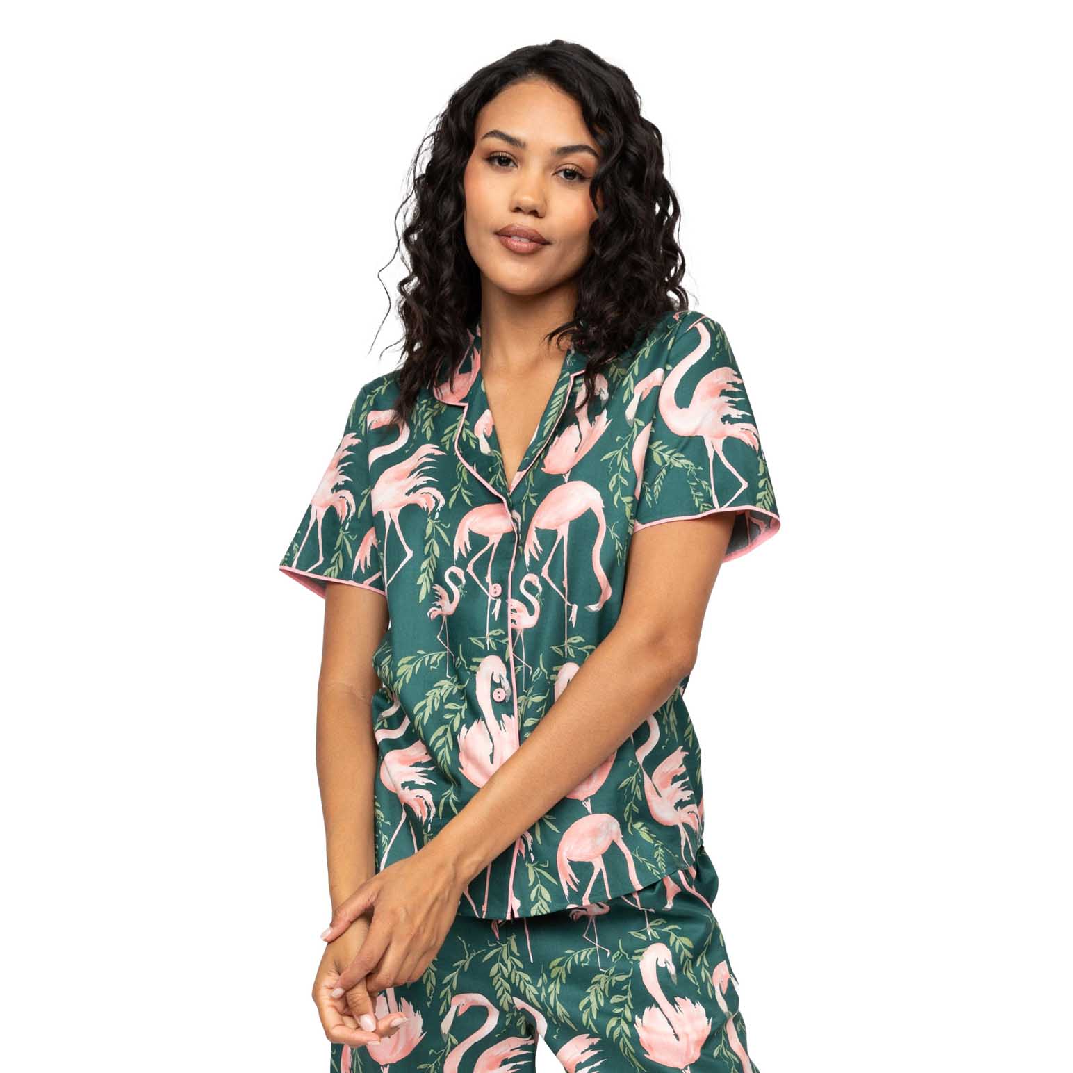 Cyberjammies Emerald Green Flamingo Print Short Sleeve Pyjama Top